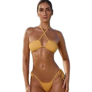 Oh Polly Neena Cinkle Swim Strappy Bandeau Bikini Top and Bottom in Marigold XS